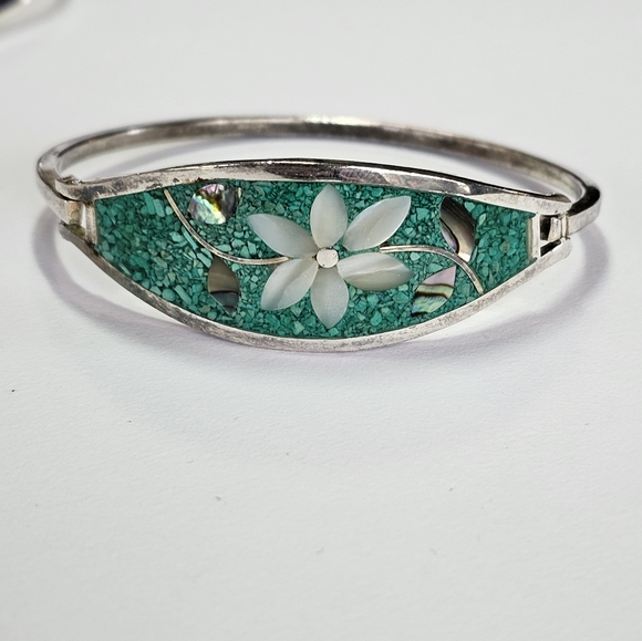 Vintage 3 Crushed Turquoise & Abalone Alpaca Silver Bracelets! - Picture 4 of 10